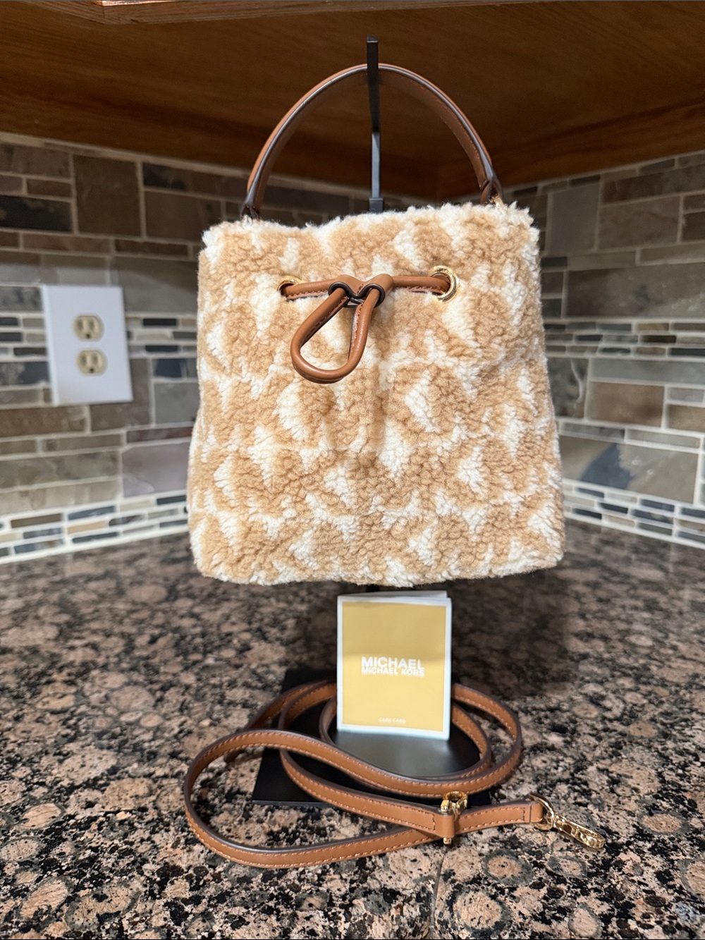Michael Kors NWT Tan and Cream Faux-Shearling Drawstring Mini Bucket Bag